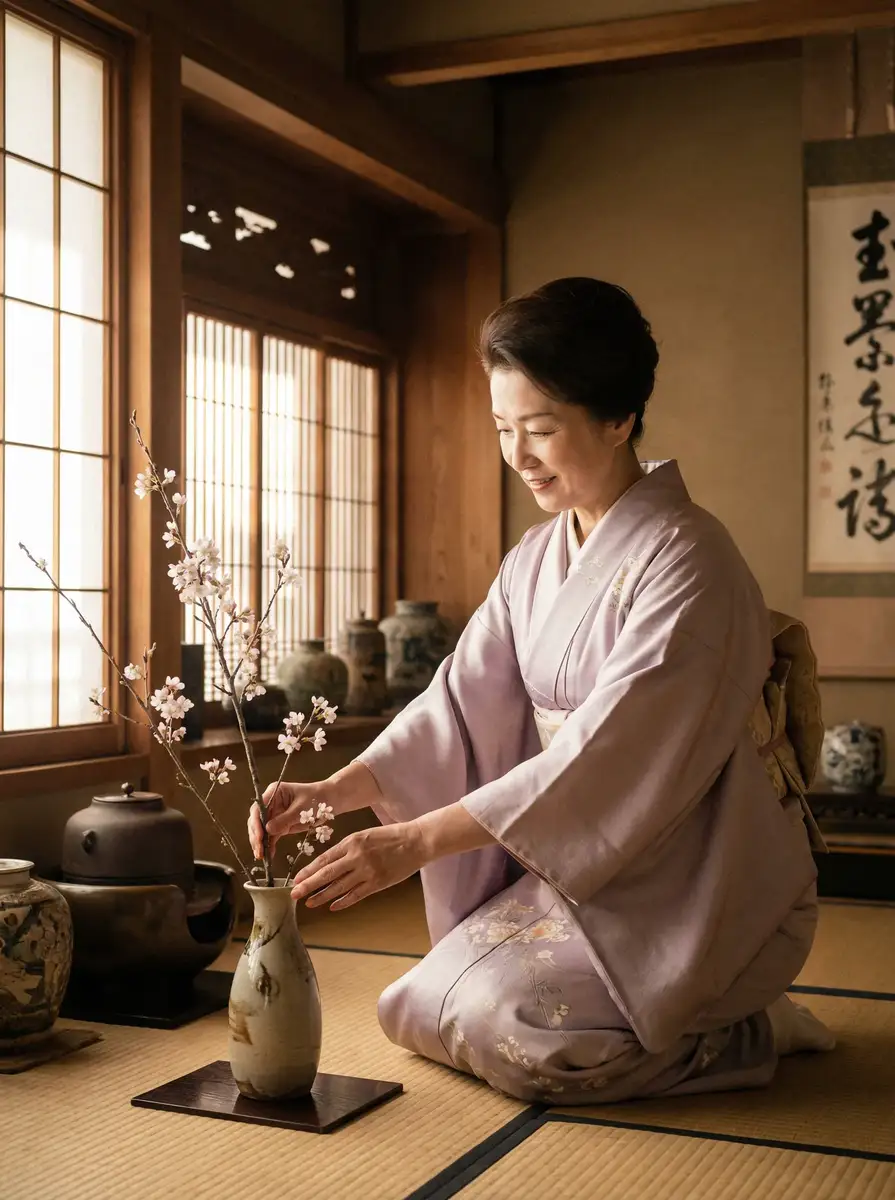一位优雅的 御梦子 在和室中插花